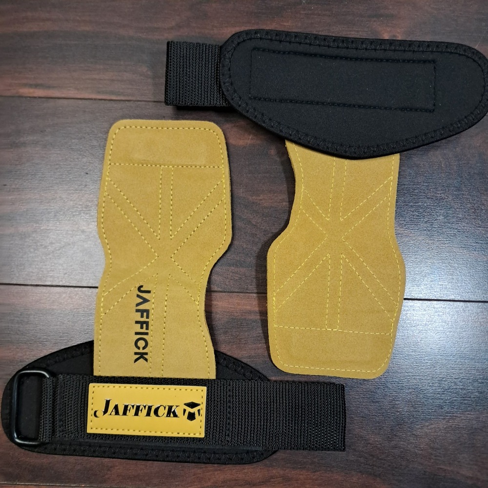 WKWE Yellow Leather Lifting Wrist Straps Gloves Weightlifting Gym Training